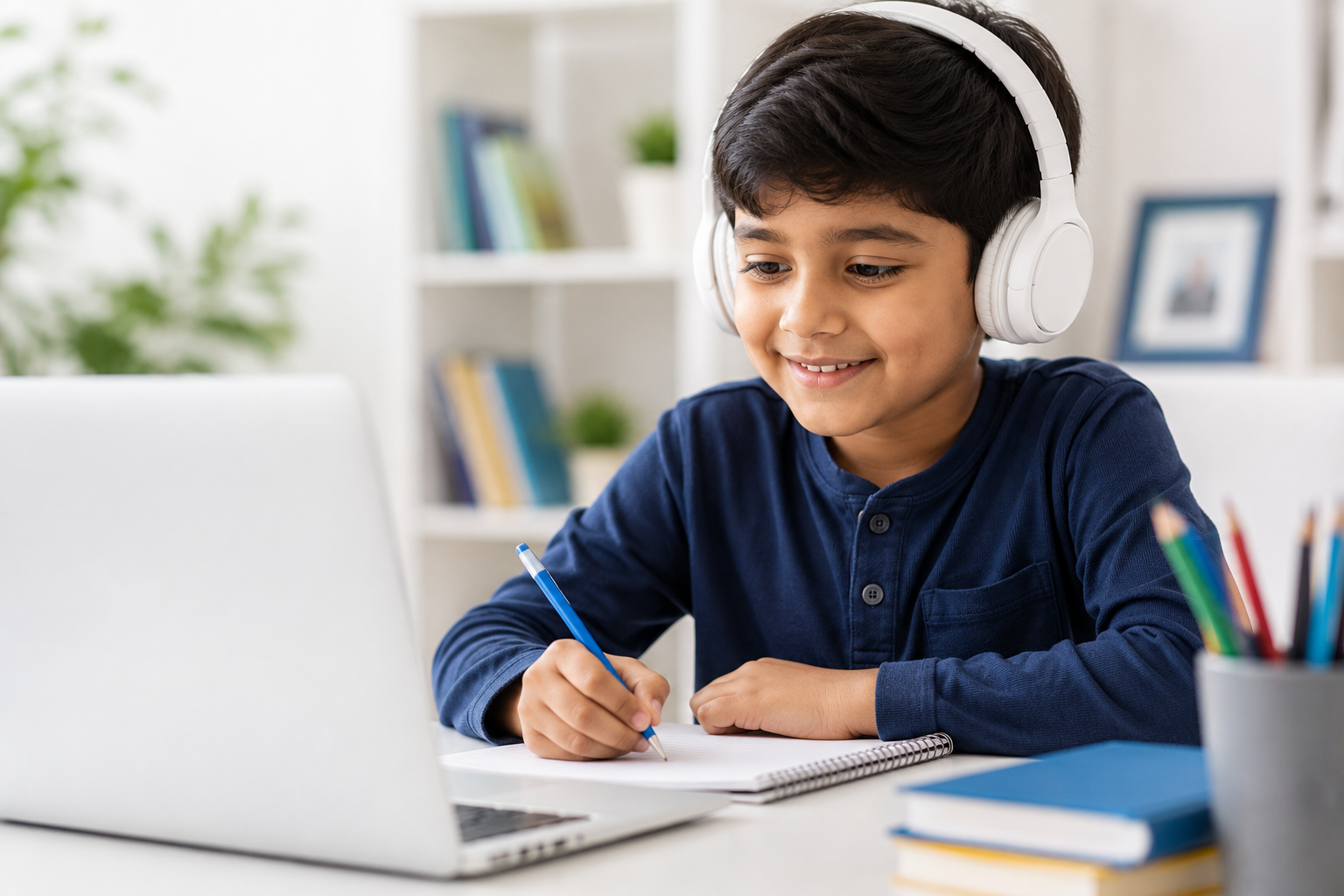 Young student smiling while writing in a notebook during an online tutoring session